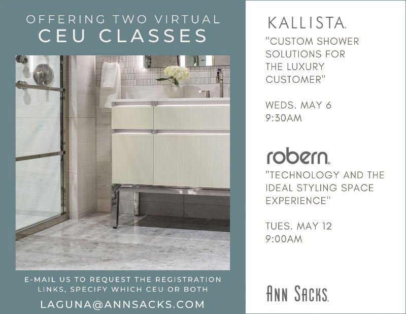 Ann Sacks CEU with Kallista™ May 6 at 9:30 am and Robern™ May 12 at 9 am - News from Laguna Design Center